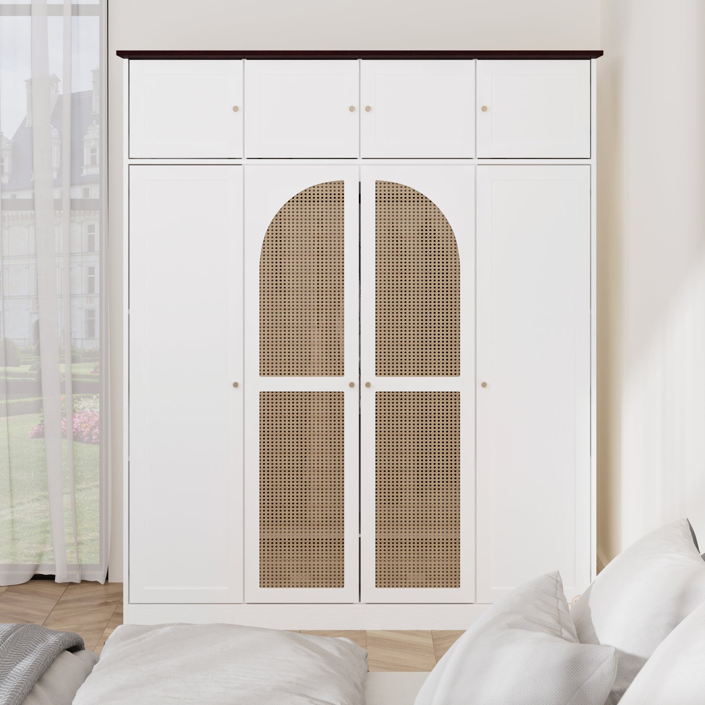 70.87"Tall 8-Door Large Capacity Armoire Wardrobe Closet with Hanging Rod, Adjustable Shelves and Rattan Decorative Doors, Clothing Storage Cabinet for Bedroom, walk-in closet, Living Room, White image 7