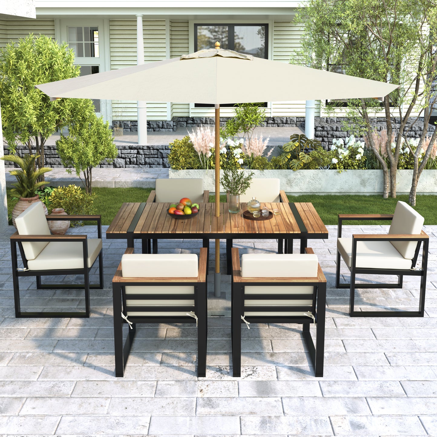 7 Pieces Outdoor Dining Set Patio Dining Table and Chair Set with and Removable Cushions for Patio, Backyard, Garden, Beige image 1