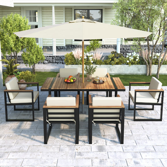 7 Pieces Outdoor Dining Set Patio Dining Table and Chair Set with and Removable Cushions for Patio, Backyard, Garden, Beige image 1