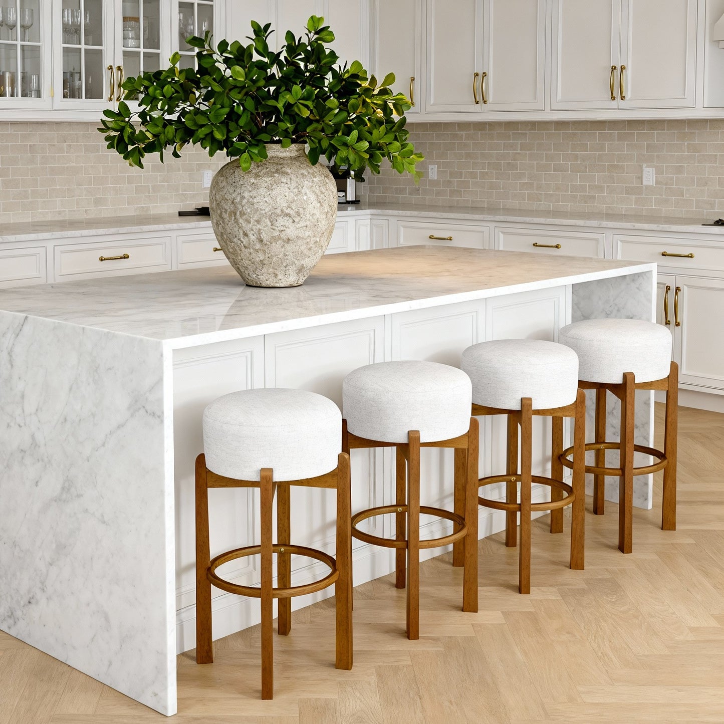 Vera Indoor Wooden Upholstered Barstool, Walnut Finish and Ivory Upholstery, Set of 4 image 1