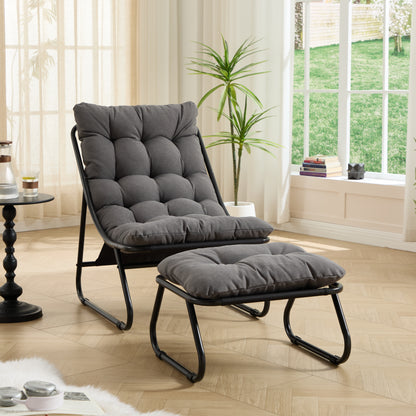 Patio Outdoor Lounge Chair with Ottoman, Comfy Sling Recliner Chair with Puffy Cushion and Foot Stool, Ideal for Living Room, Bedroom, Reading Room, Black frame with grey cushion image 2