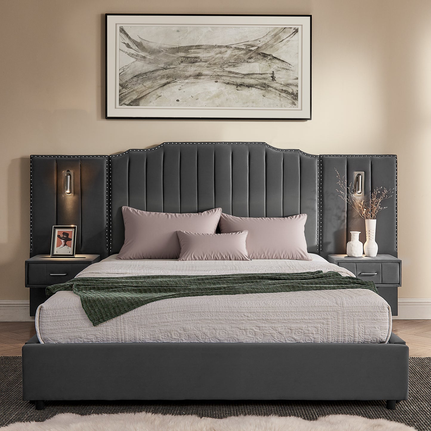 Queen Size Upholstered Bed Frame with Velvet Fabric, Vertical Stripe Design with Buttons Around Platform Bed with Headboard, Solid Frame & Bedside Table - No Box Spring Needed-Gray image 5