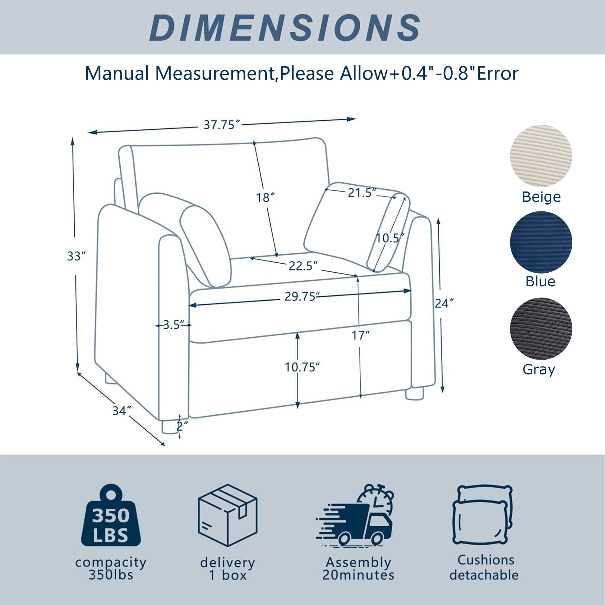 37.75" Corduroy Accent Chair with Side Storage Pockets, Modern Upholstered Single Sofa Armchair with 2 Pillows, Comfy Oversized Reading Chair for Living Room, Bedroom, Apartment image 12