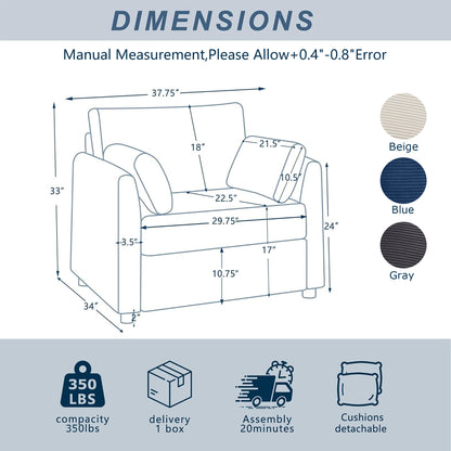 37.75" Corduroy Accent Chair with Side Storage Pockets, Modern Upholstered Single Sofa Armchair with 2 Pillows, Comfy Oversized Reading Chair for Living Room, Bedroom, Apartment image 12