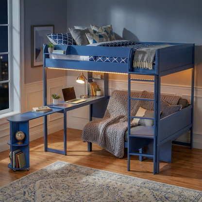 Full Size Wood Loft Bed with Desk, Bedside Storage Shelf, Sofa and Light, Navy Blue image 2