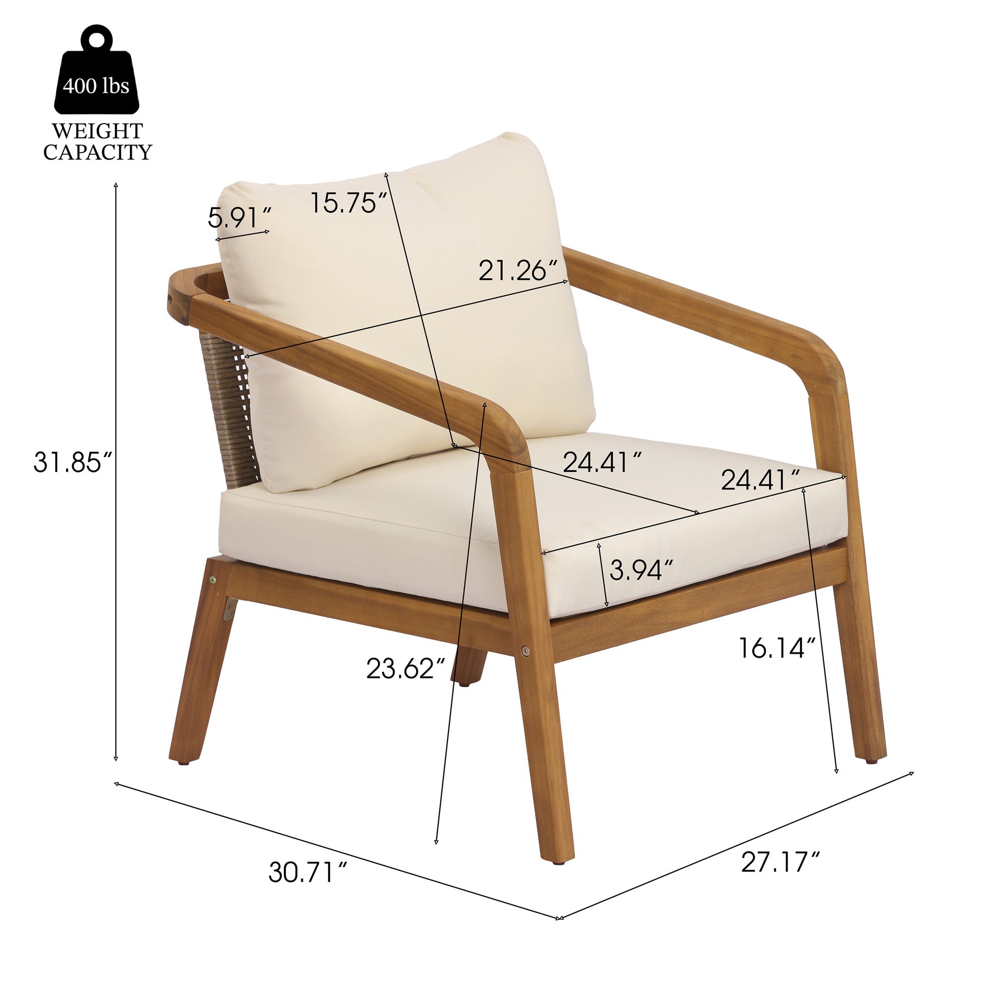 Acacia Wood Outdoor Patio Club Chair with PE Wicker Backrest & Cushions– Modern Accent Armchair for Balcony, Poolside, and Sunroom image 2