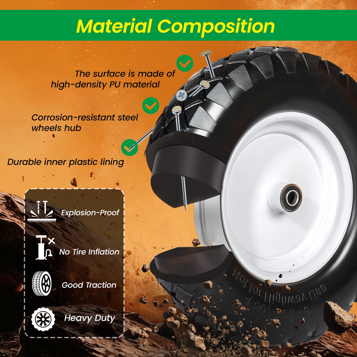 4.80/4.00-8 Flat-Free Solid Wheelbarrow Tire and Wheel, 16" Solid Tire with 5/8" & 3/4" Bearings, 3" Hub for Hand Truck, Garden Cart, Trailer, Trolley, Wagon (Set of 1) image 2