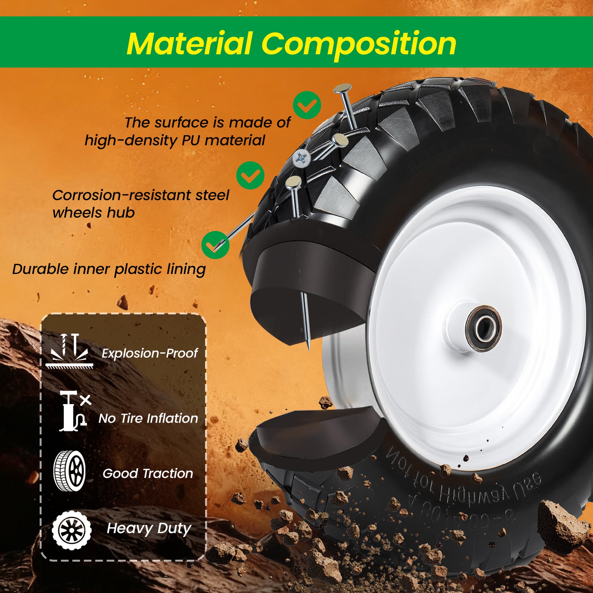 4.80/4.00-8 Flat-Free Solid Wheelbarrow Tire and Wheel, 16" Solid Tire with 5/8" & 3/4" Bearings, 3" Hub for Hand Truck, Garden Cart, Trailer, Trolley, Wagon (Set of 1) image 2