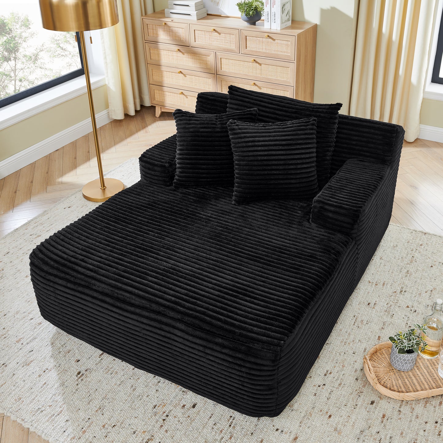 Single lazy sofa lounge chair, no assembly required, made of velvet fabric, fluffy modern single lounge chair, used for indoor living rooms and bedrooms-Black image 3