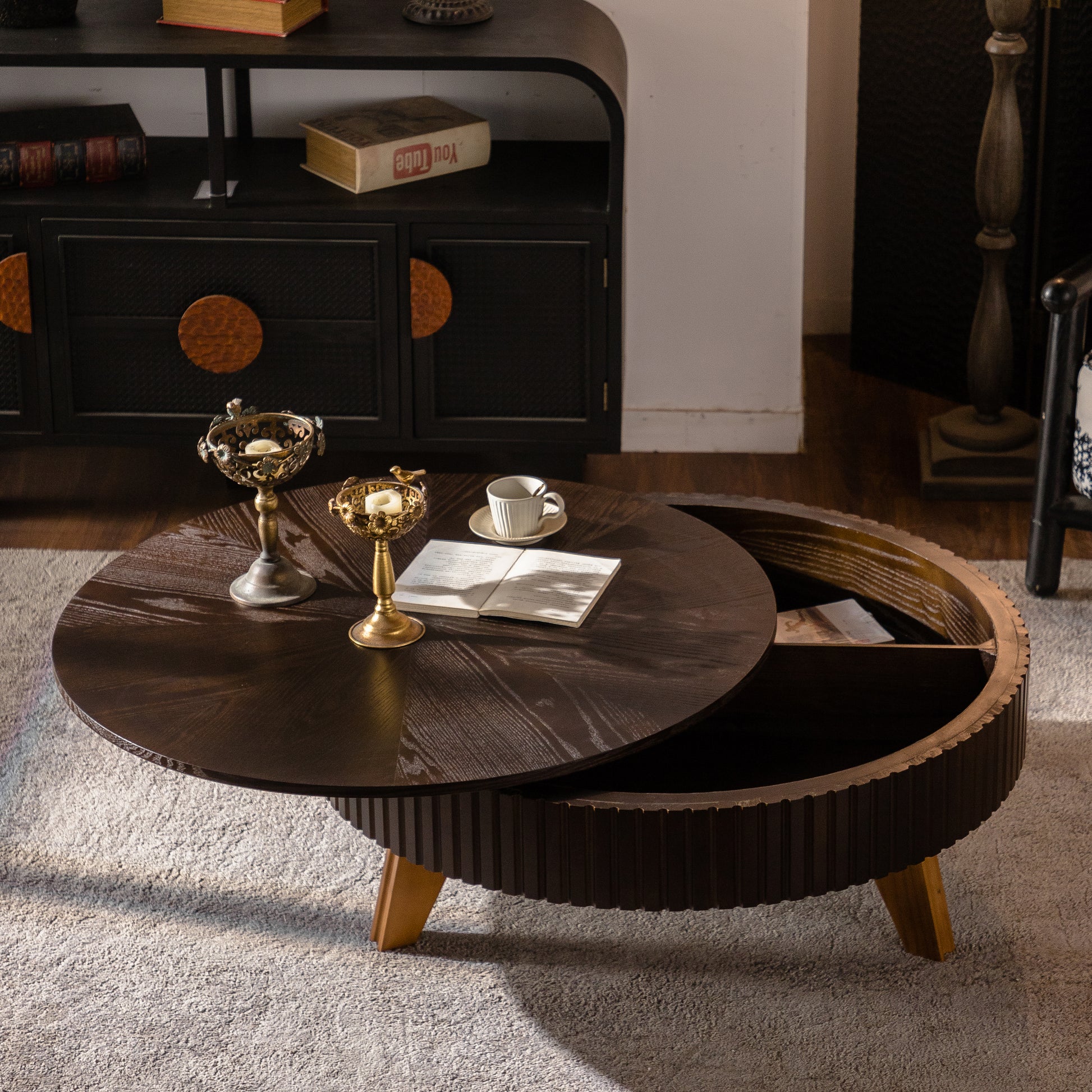 39.37" Retro Round Coffee Table with Storage Space, Suitable for Living Room and Office, Brown image 1