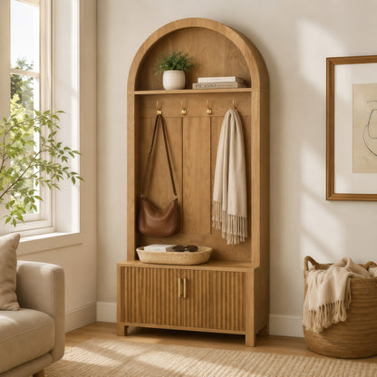 Arched Top Hall Tree with Bench and Shoe Storage,mudroom bench with storage,70.3"Arch Coat Rack with 4 Metal Hooks and 2 Fluted Doors,Farmhouse Style Furniture Organizer for Mudroom, Entryway, Hallway image 5