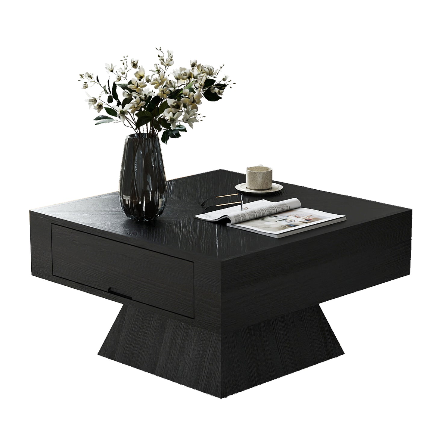 Square Veneer-Top Coffee Table with Drawer, KD Pedestal Base, Weathered Natural / Pearl Black image 1