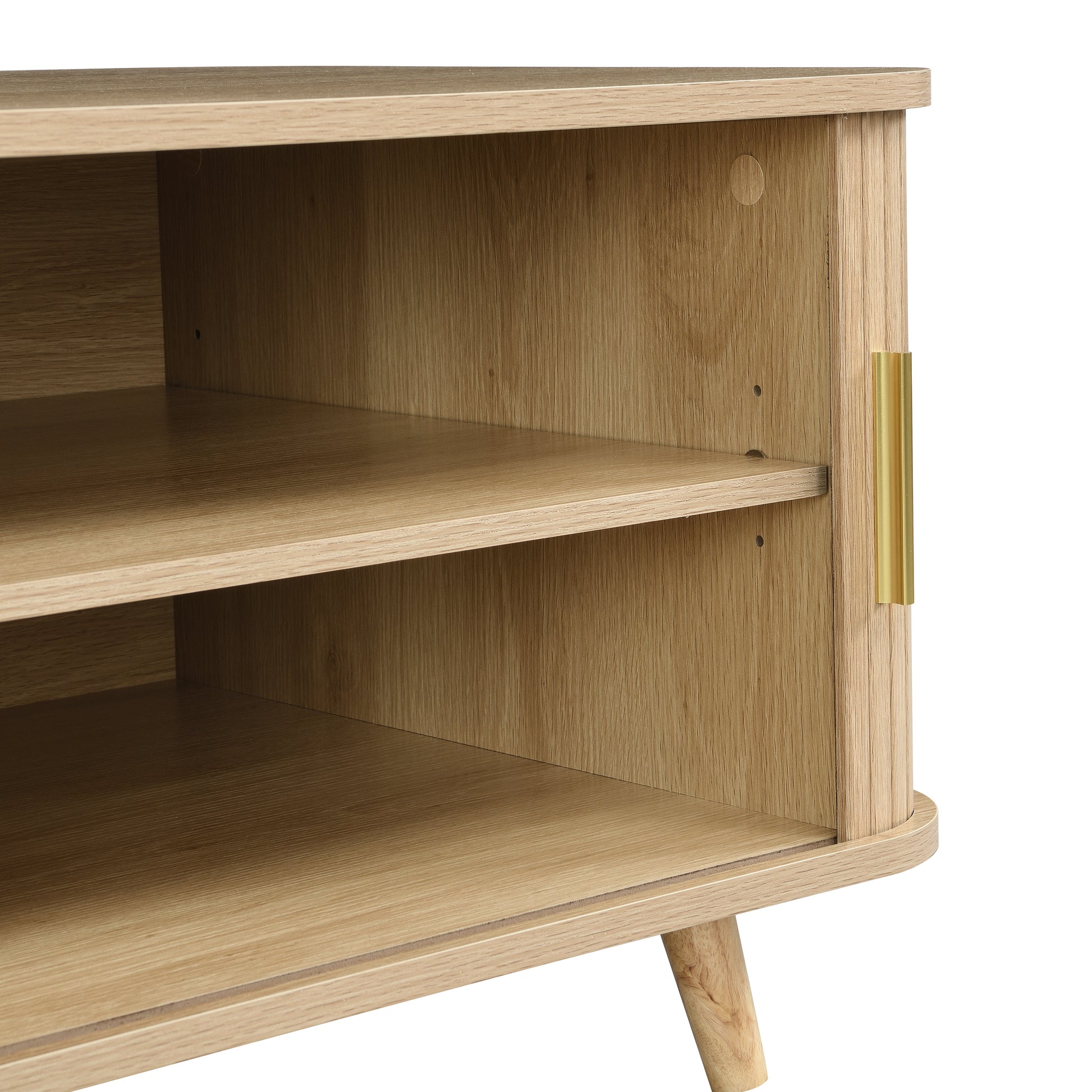Modern Mid-Century Coffee Table with Storage: Natural Wood Finish, 4 Open Shelves & 2 Doors, For Living Room, Entertainment Center, Home Theater image 12