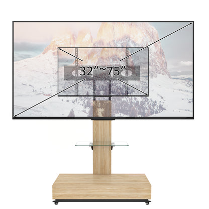 TV stand with push-pull drawer for Living Room, Bedroom,Offices,Adjustable Height Mobile TV Cart for 32-75 inches,Wood &glass TV Stand with wheels,Natural image 12