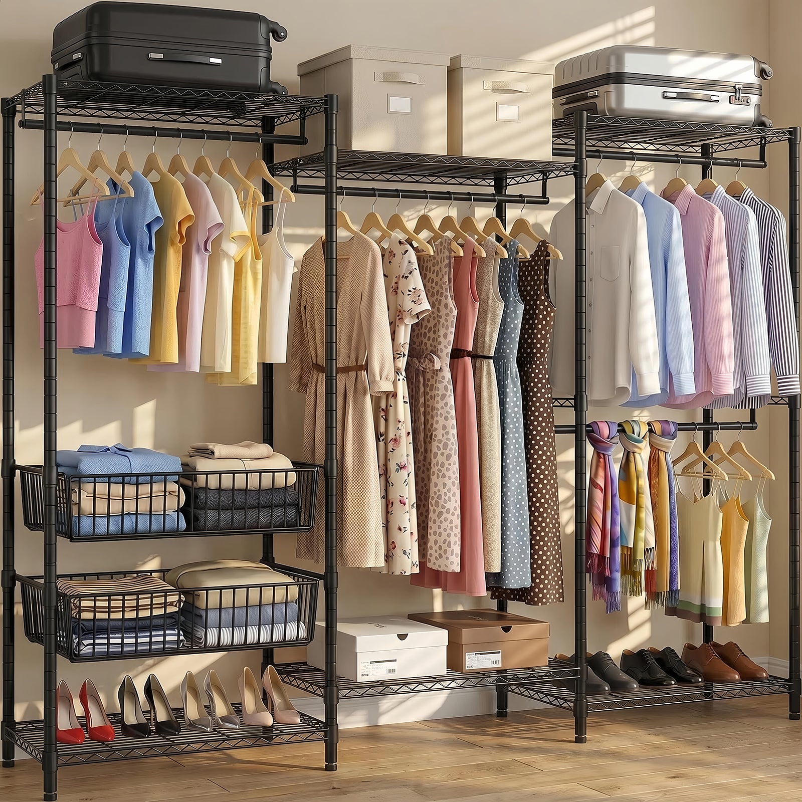Heavy Duty Clothes Rack, Freestanding Garment Rack with 4 Hanging Rods & 2 Wire Baskets, Large Size Clothing Rack with Adjustable Wire Shelves, 68.5" W x 17.1" D x 76.4" H, Black image 2