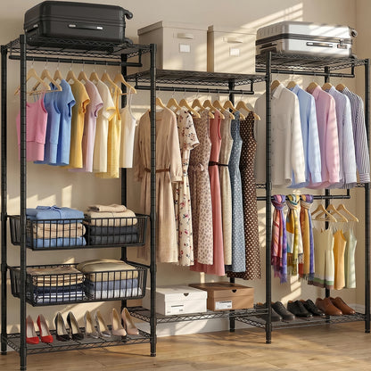 Heavy Duty Clothes Rack, Freestanding Garment Rack with 4 Hanging Rods & 2 Wire Baskets, Large Size Clothing Rack with Adjustable Wire Shelves, 68.5" W x 17.1" D x 76.4" H, Black image 2