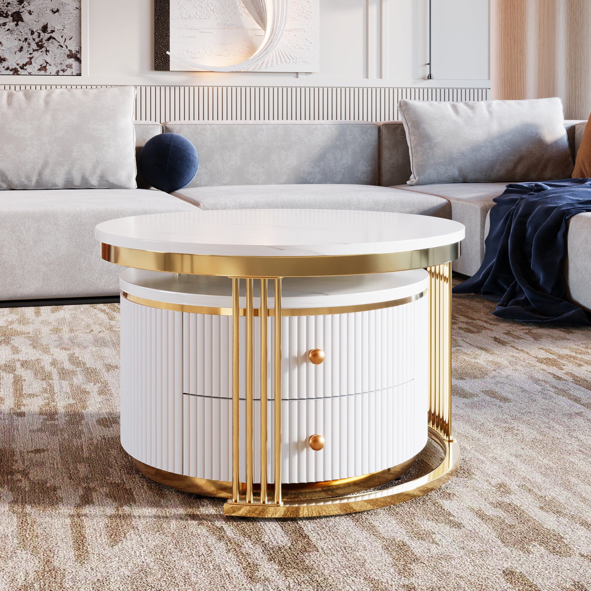 Modern 2 Pieces White Round Nesting Coffee Table with Drawers in 27.6'' image 2