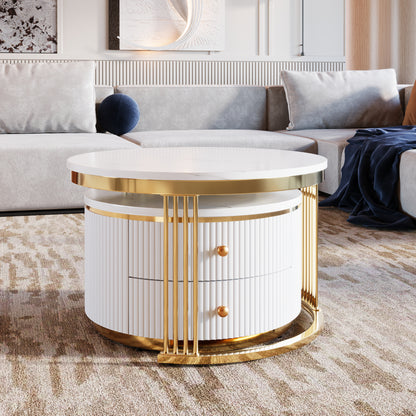 Modern 2 Pieces White Round Nesting Coffee Table with Drawers in 27.6'' image 2
