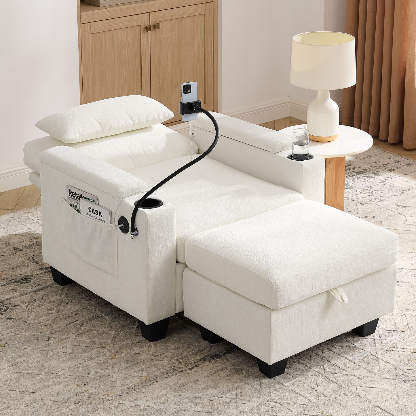Single sofa recliner with manually adjustable backrest, USB charging port on the armrest side, phone stand included, hidden armrest storage, and a matching storage ottoman-Beige image 3