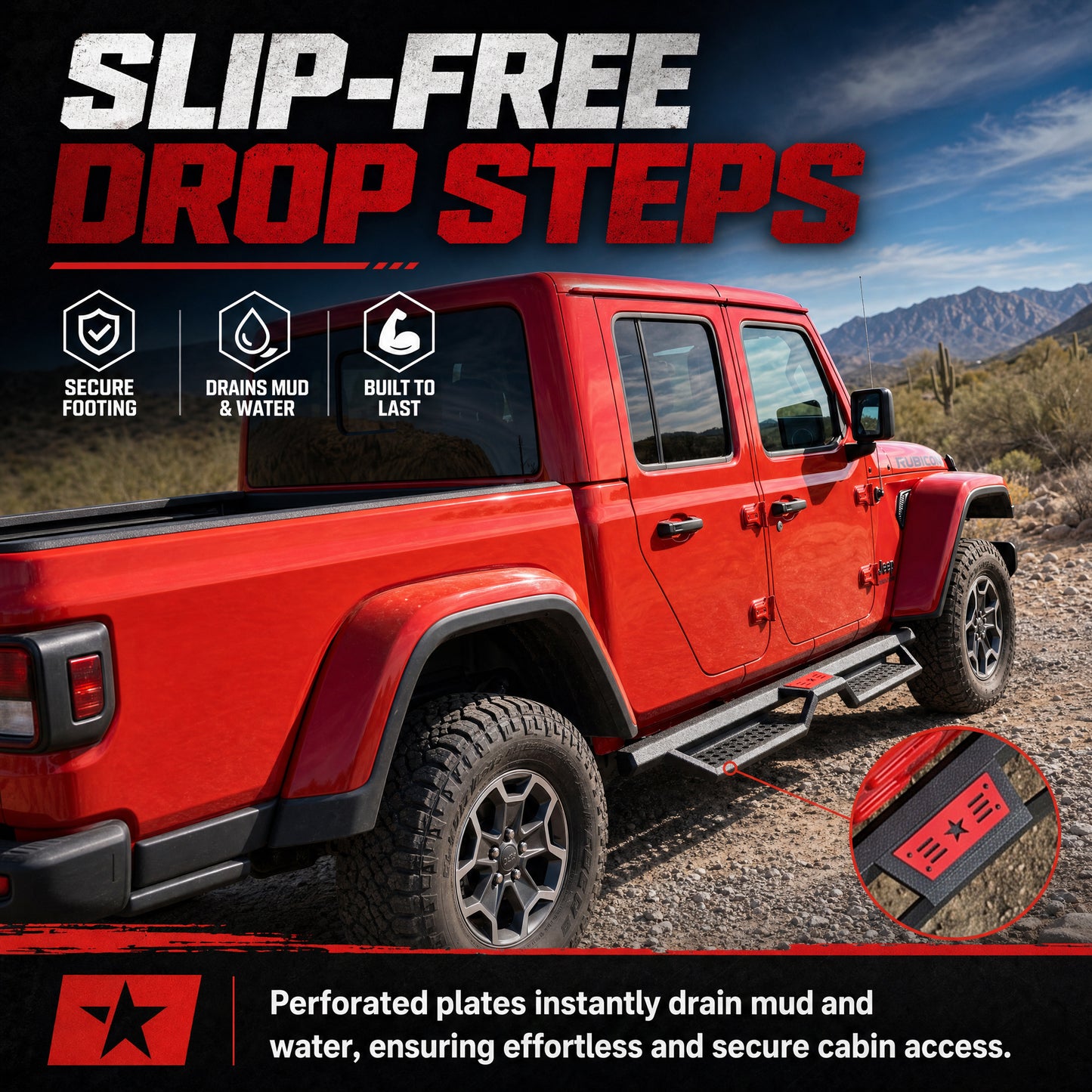 Hexagonal style Running Boards Compatible with 2020-2026 Jeep Gladiator Jt 4 Door. Made with Carbon Steel. 6 Inch Gladiator Side Steps Step Bars Nerf Bars Bolt installation image 8