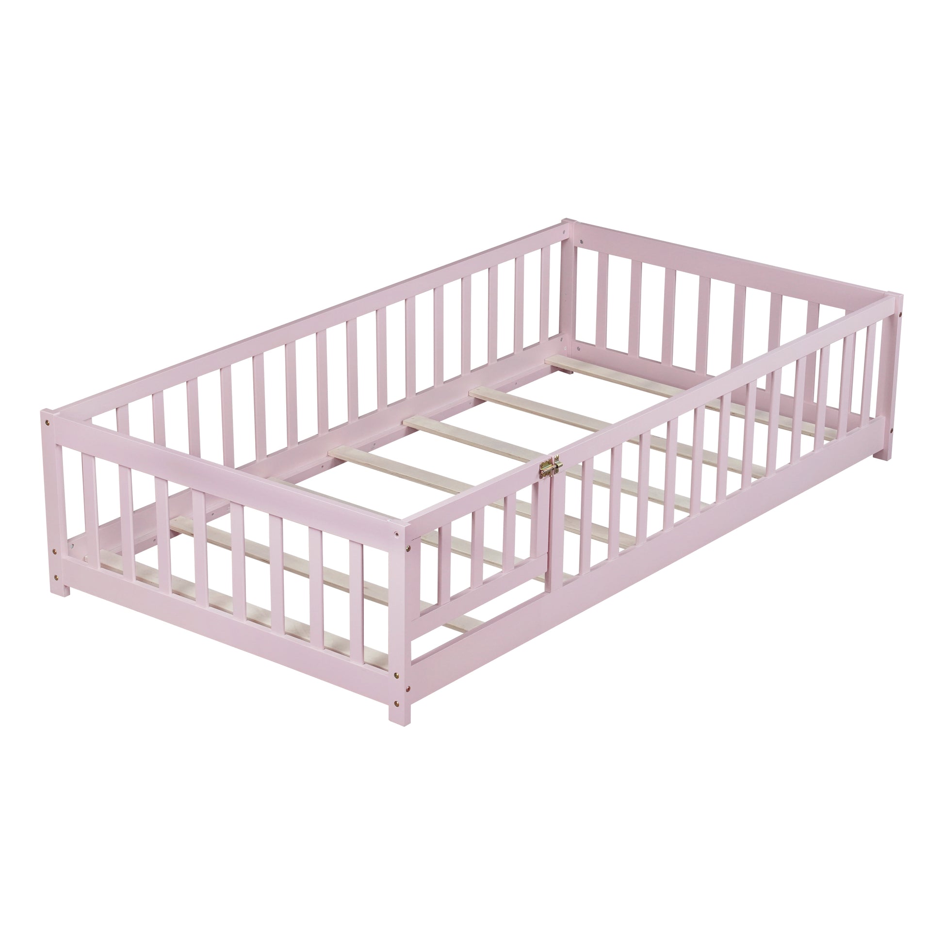 Twin Size Floor Bed with Fence and Door,Rubber Wood Floor Bed with Safety Guardrails,Pink image 4