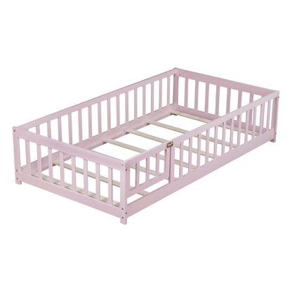Twin Size Floor Bed with Fence and Door,Rubber Wood Floor Bed with Safety Guardrails,Pink image 4