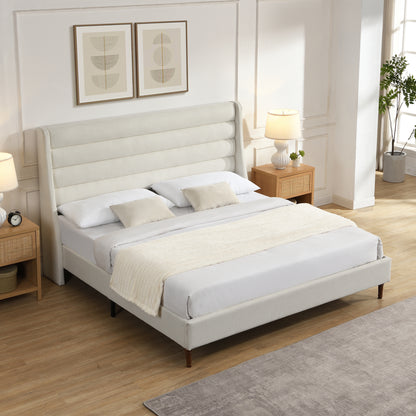 King Size Bed Frame High Headboard Upholstered Platform Bed with Wave - Shaped Headboard, Premium Chenille Fabric, Modern Minimalist Platform Bed No Box Spring Needed, Easy Assembly, Ivory image 5