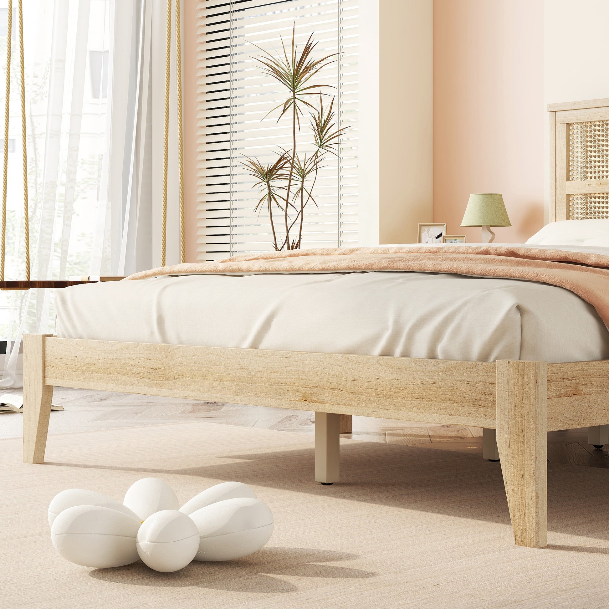 Queen Size Rubber Wooden, Solid Wooden Bed with Rattan Headboard, Enhanced by Support Feet,Natural image 10