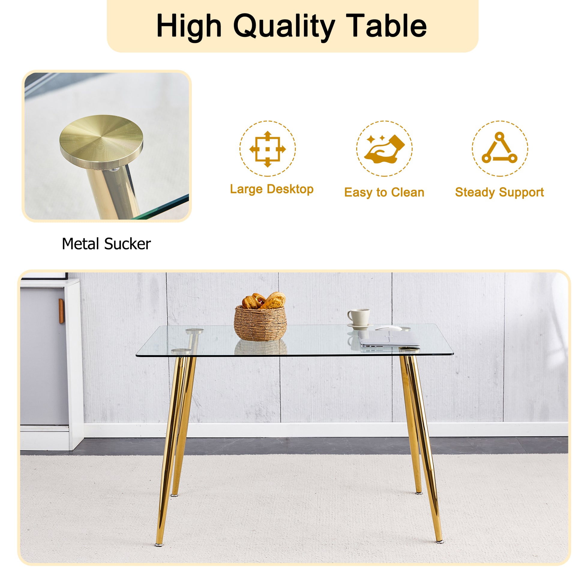 Modern Minimalist Rectangular Glass Dining Table for 4-6 with 0.31" Tempered Glass Tabletop and Golden plating Metal Legs, Writing Table Desk, 51" *31"*30".W1151S03746/W1151S03724 image 12