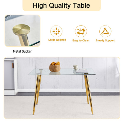 Modern Minimalist Rectangular Glass Dining Table for 4-6 with 0.31" Tempered Glass Tabletop and Golden plating Metal Legs, Writing Table Desk, 51" *31"*30".W1151S03746/W1151S03724 image 12