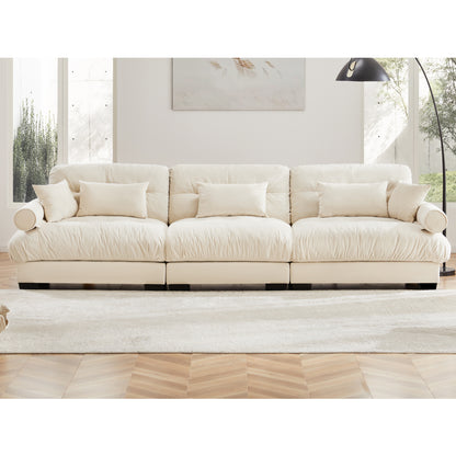 Extra Large 3 Seat Modern Velvet Sofa, Oversize Sofa, Clould Like Comfortable Seat and Back Support, With Waist Pillows and Throw Pillows, Cream image 3