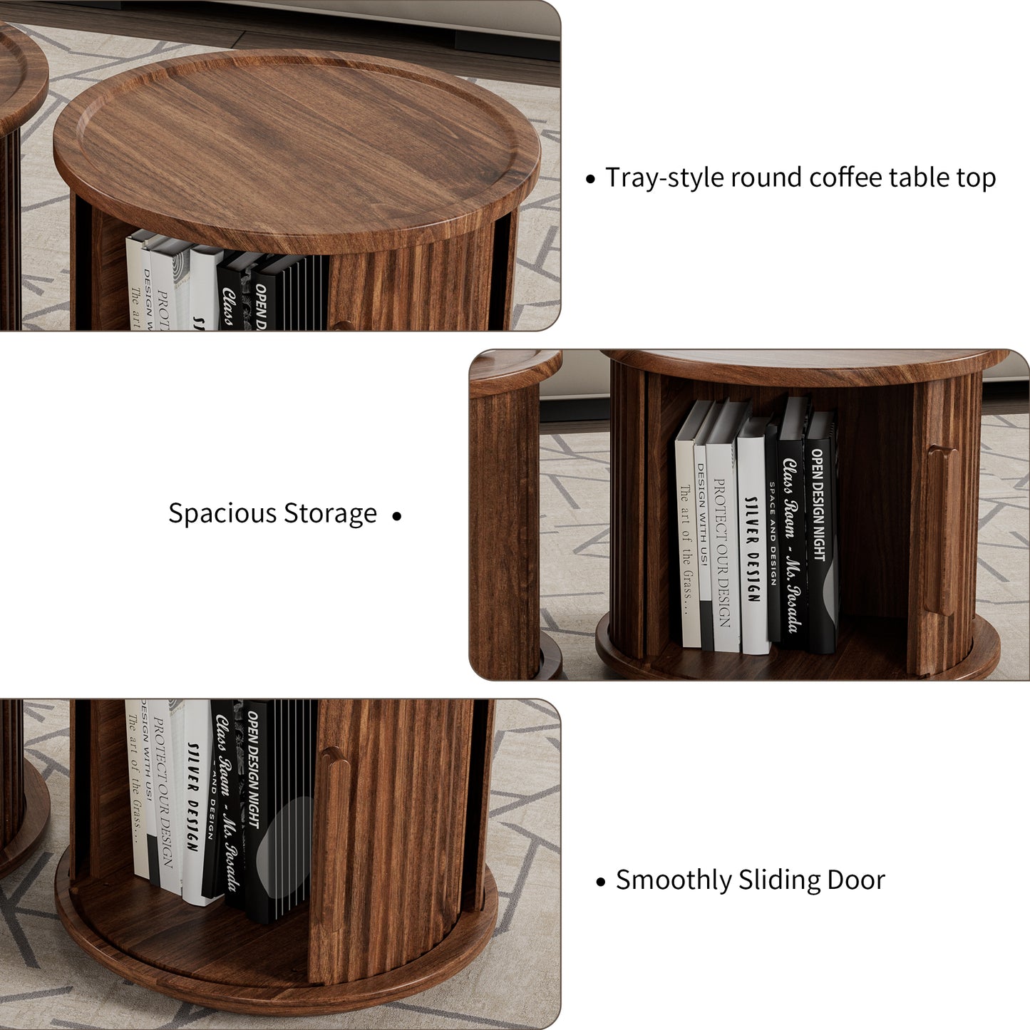 2Piece Round Coffee Table Set, Modern Nesting Side Tables with Sliding Door Storage, Walnut Finish Sofa End Table & Bedside Nightstand for Living Room & Bedroom, Fluted Roman Column Design Accent Tab image 2