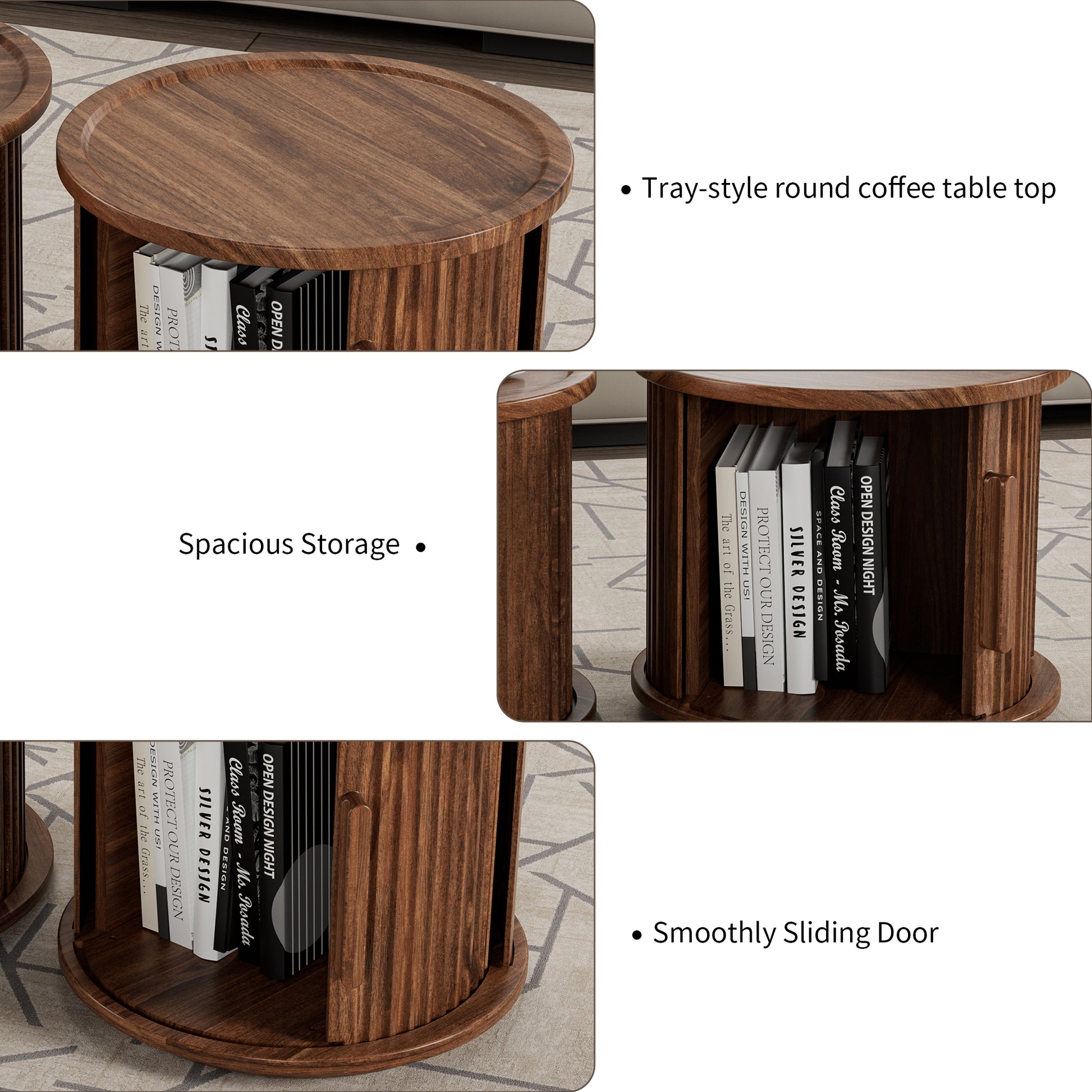 2Piece Round Coffee Table Set, Modern Nesting Side Tables with Sliding Door Storage, Walnut Finish Sofa End Table & Bedside Nightstand for Living Room & Bedroom, Fluted Roman Column Design Accent Tab image 2
