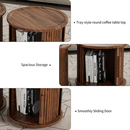 2Piece Round Coffee Table Set, Modern Nesting Side Tables with Sliding Door Storage, Walnut Finish Sofa End Table & Bedside Nightstand for Living Room & Bedroom, Fluted Roman Column Design Accent Tab image 2