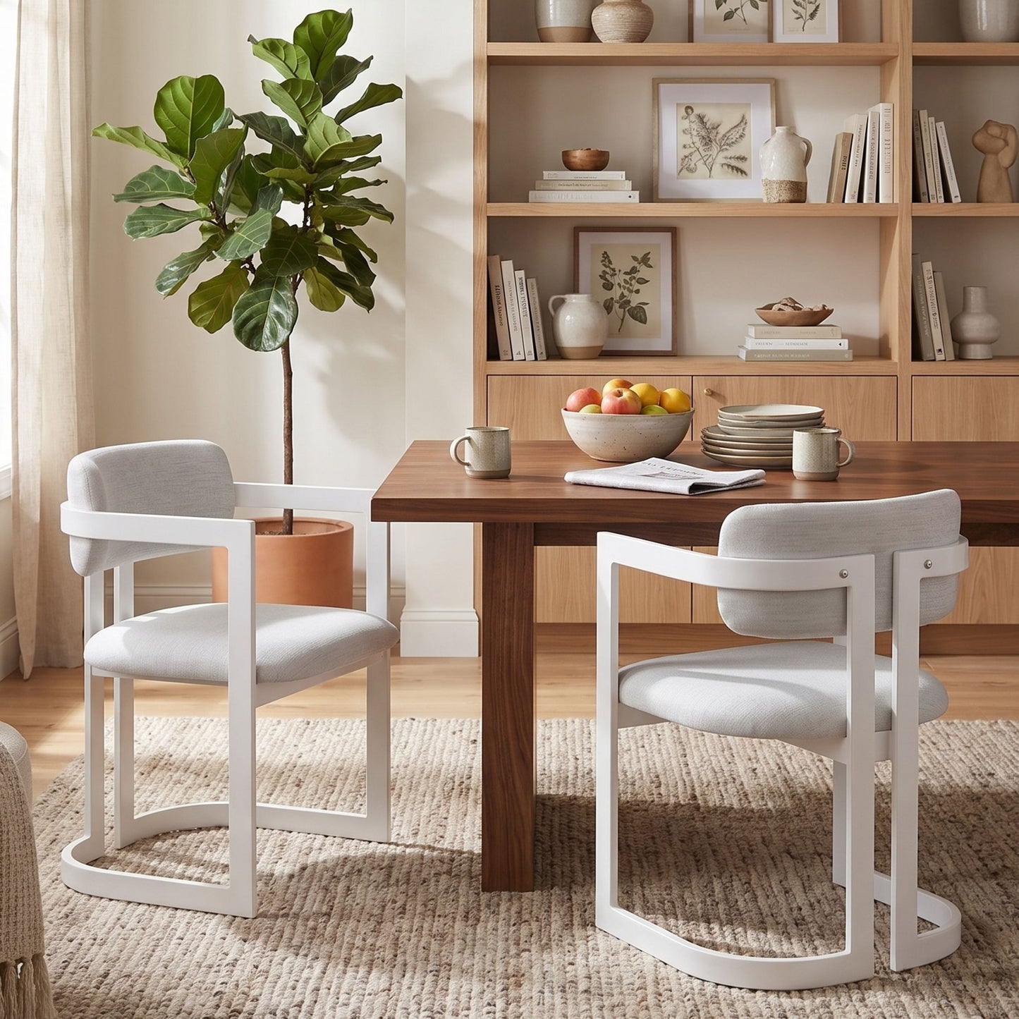 Upholstered Dining Chairs Set of 2, Fabric Armchairs with Beige Seating White Metal Frame, 265 LBS Weight Capacity image 1