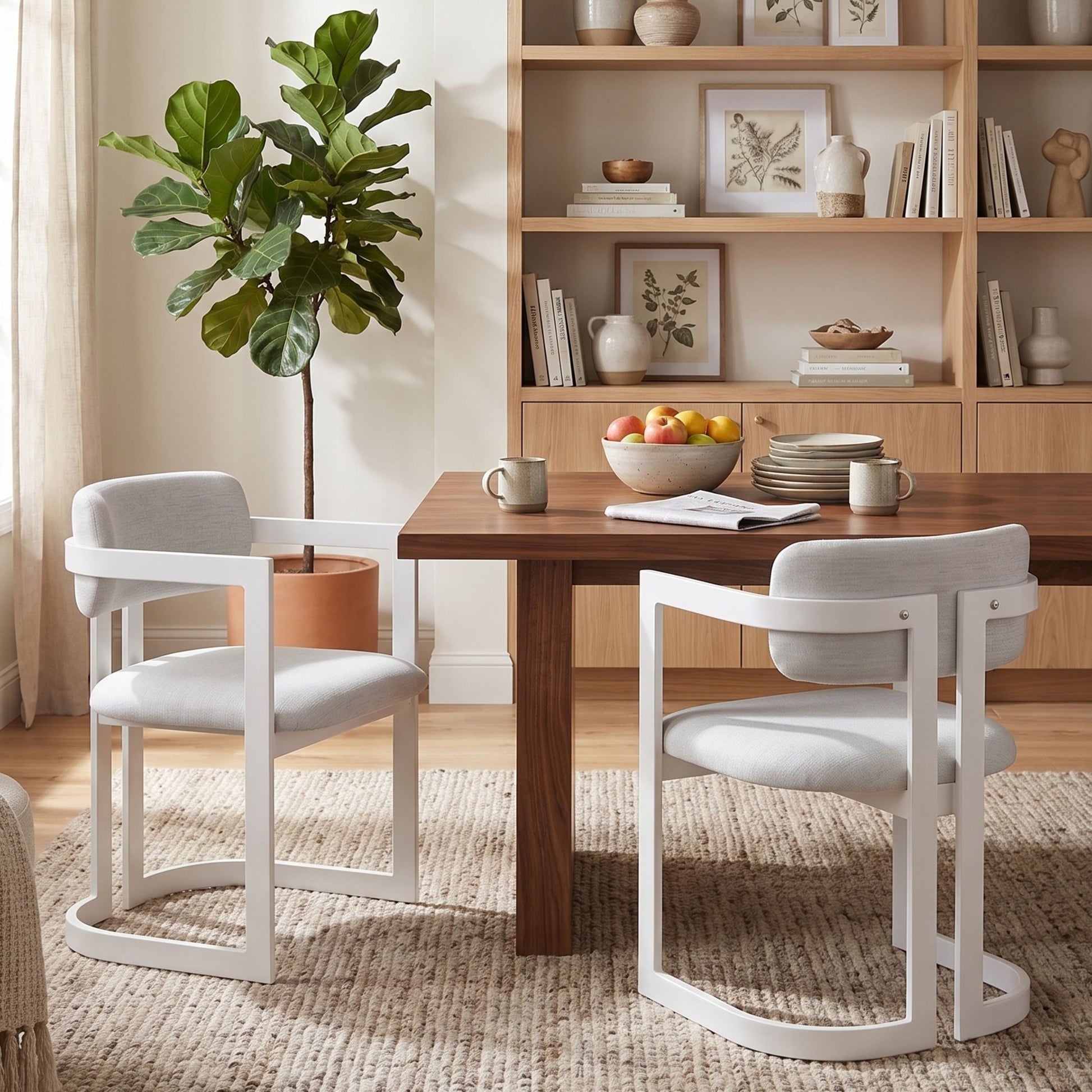 Upholstered Dining Chairs Set of 2, Fabric Armchairs with Beige Seating White Metal Frame, 265 LBS Weight Capacity image 1