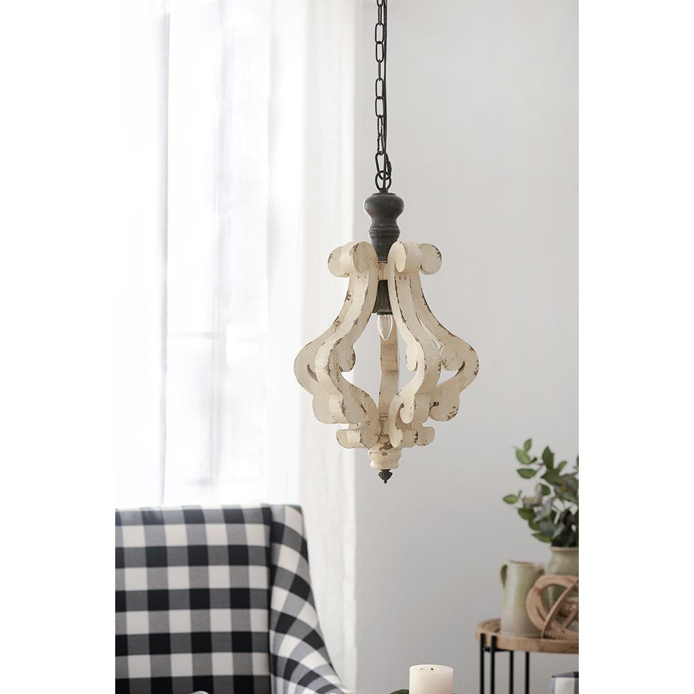 Farmhouse Chandeliar, Distressed White Pendant French Country Wood Chandelier for Living Room Foyer, Bulb Not Included image 2