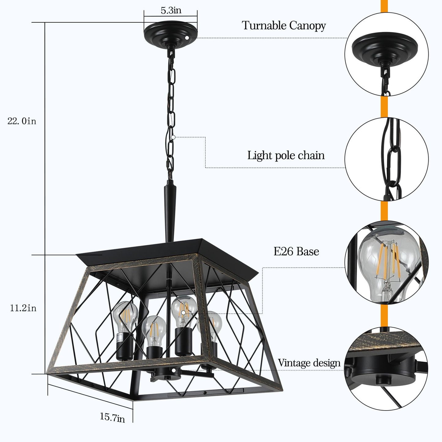 Farmhouse chandelier 4-light vintage antique golden black - in dining room