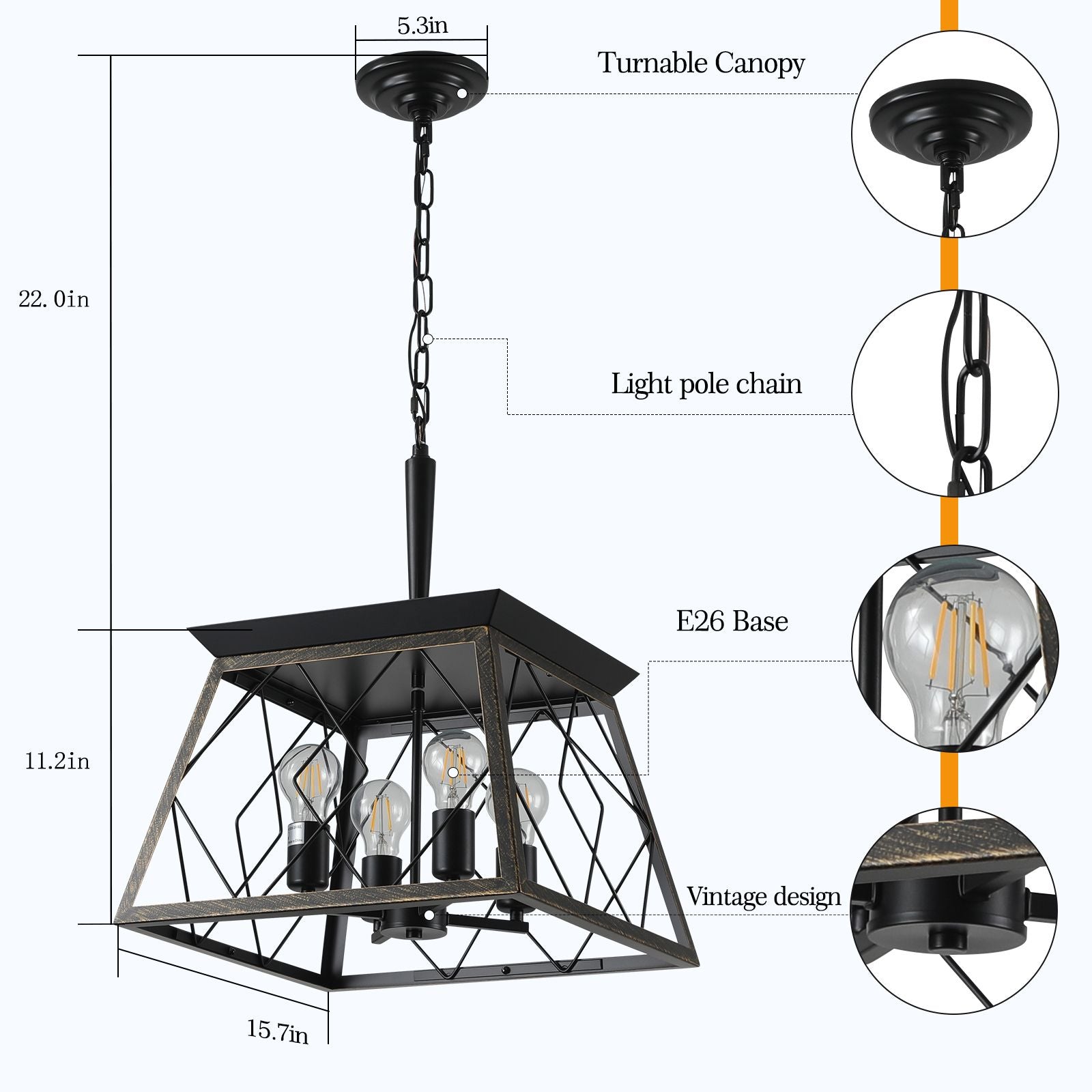 Farmhouse chandelier 4-light vintage antique golden black - in dining room