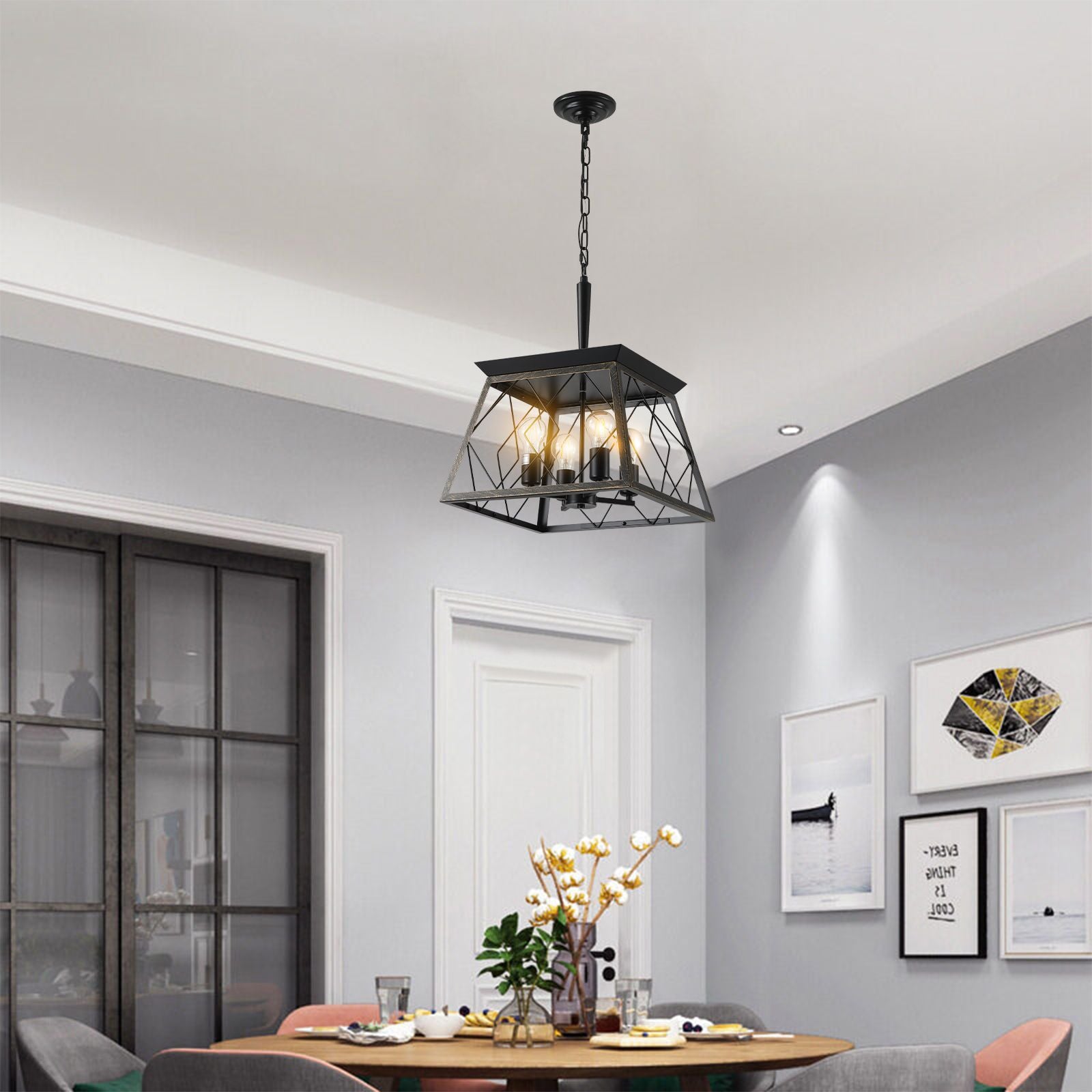 Farmhouse chandelier 4-light vintage antique golden black - angled view