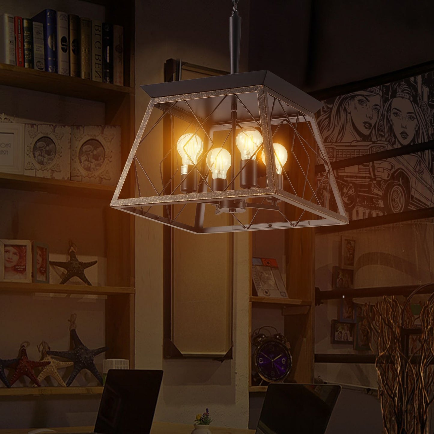 Farmhouse chandelier 4-light vintage antique golden black - with bulbs