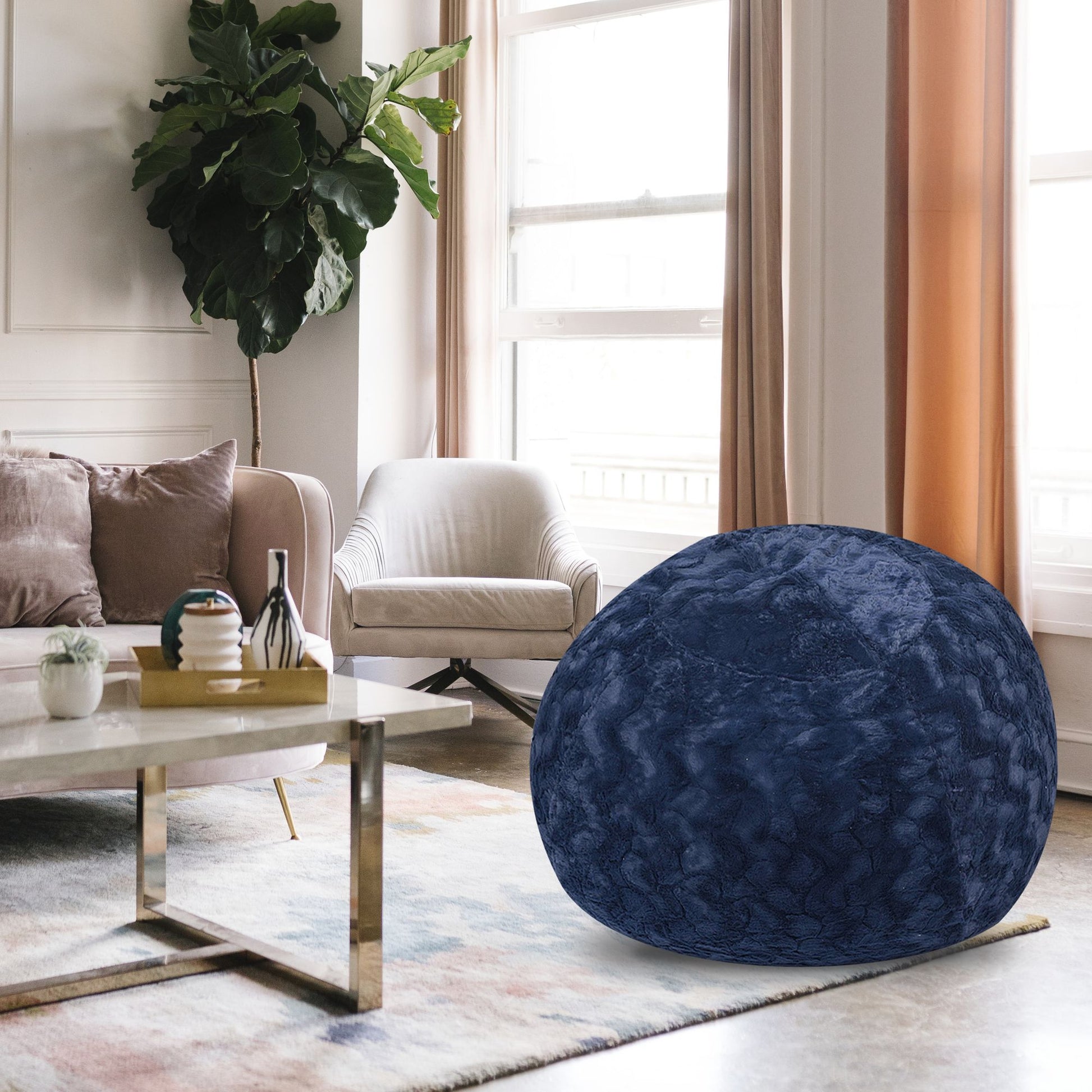 Faux Fur Bean Bag Chair, Navy-5ft Cozy and Stretchable Fabric Lounger for Children and Adults with Easy-Clean Cover, Com image 1