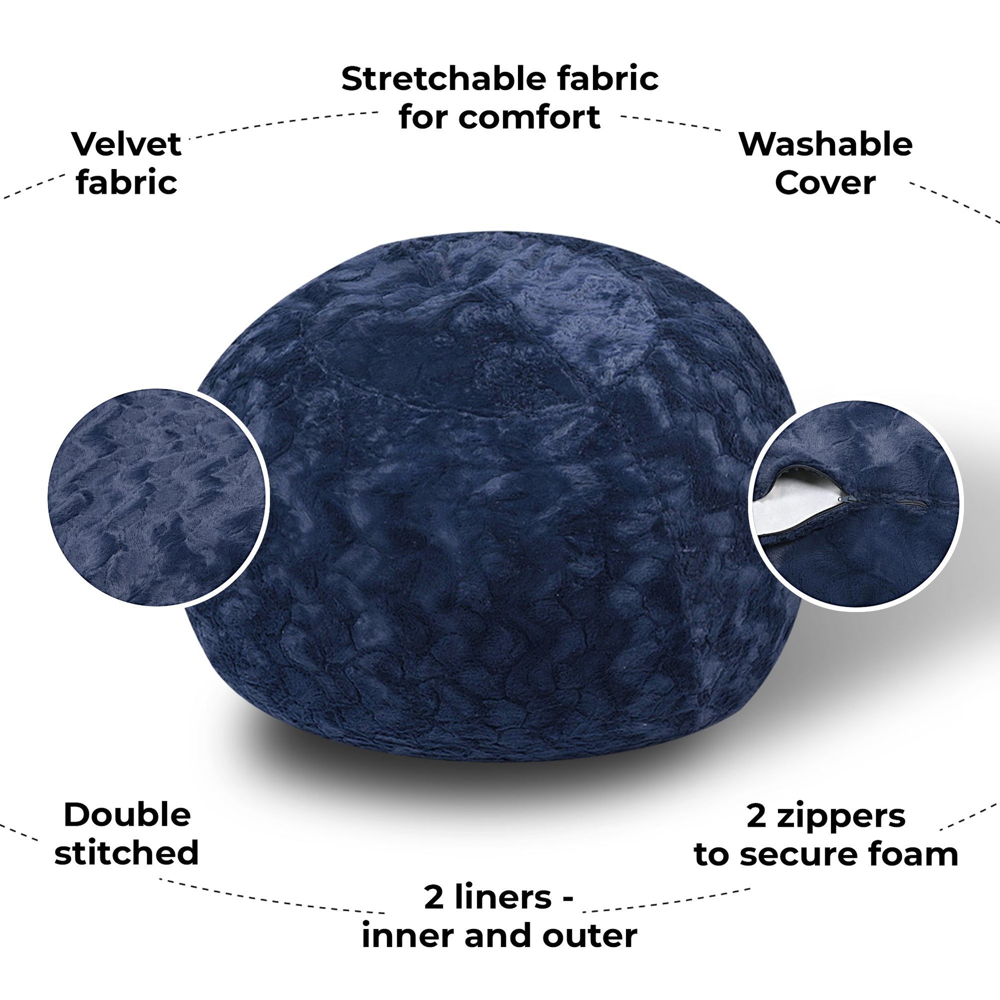 Faux Fur Bean Bag Chair, Navy-5ft Cozy and Stretchable Fabric Lounger for Children and Adults with Easy-Clean Cover, Com image 3