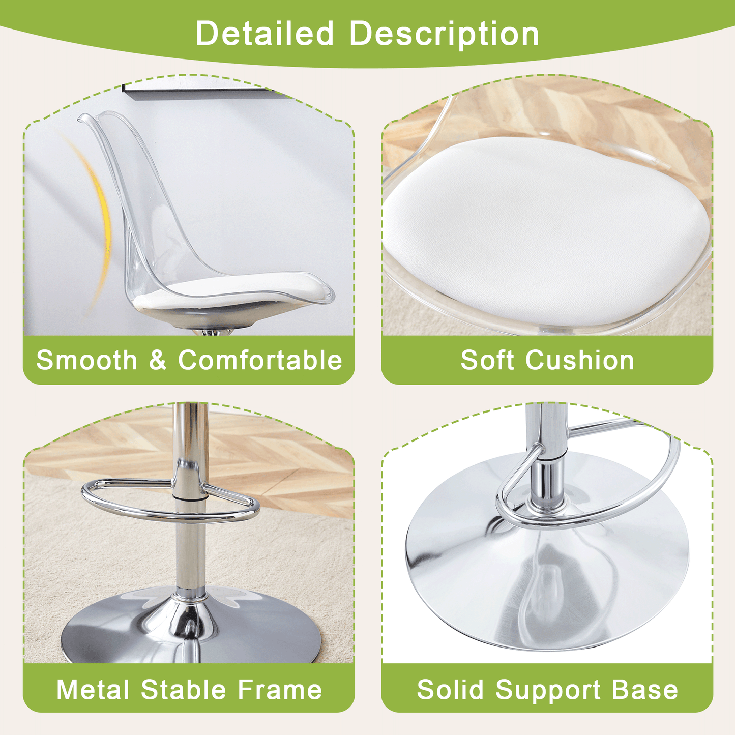 Modern minimalist bar chairs and bar stools. Can rotate 360 ° and adjust lifting. PET backrest and White PU seats. Suitable for bars, restaurants, and front desk cashiers.Set of 2. image 6
