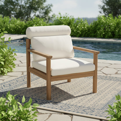 28" Mid-Century Modern Acacia Wood Outdoor Patio Chair, Weather-Resistant Deep Seating Lounge Chair with Bolster Pillow & Thick Cushions, Solid Wood Frame Accent Chair for Backyard, Poolside & Deck image 2