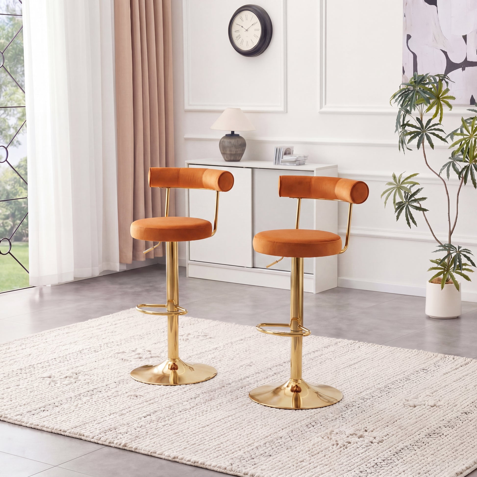 Soft Velvet Upholstered Swivel Adjustable Bar Chair with electroplated gold legs - Dining Room Living Room Bar Cafe Reception Desk Bar Stool(Rusty Orange, Set of 2) image 1