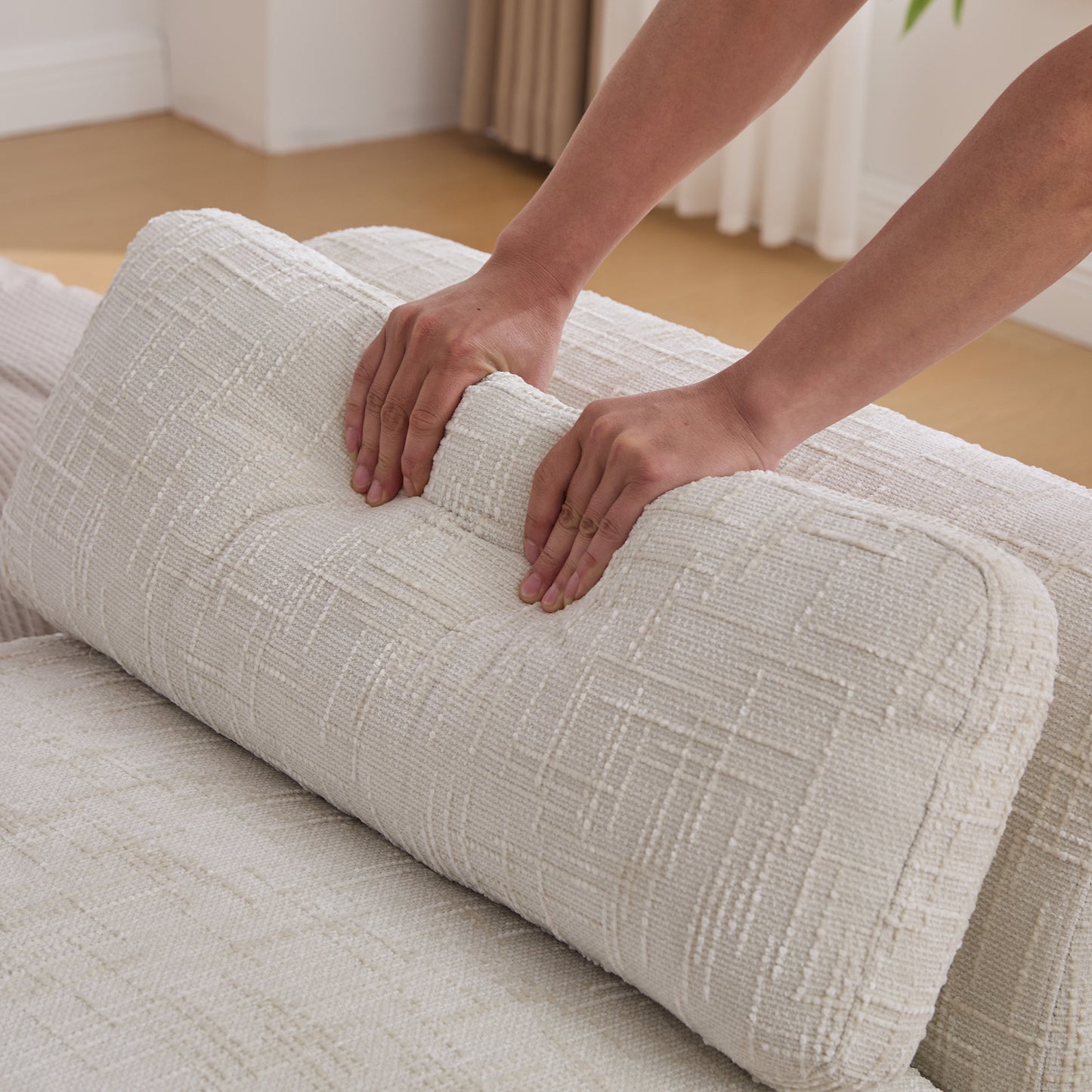 83.1"Wide Modern Upholstered End of Bed Bench with Armrests, Chenille Chaise Lounge Couch with 2 Bolster Pillows, Daybed with Rubberwood Legs For Living Room,Bedroom,Apartment,Guestroom, Beige image 9