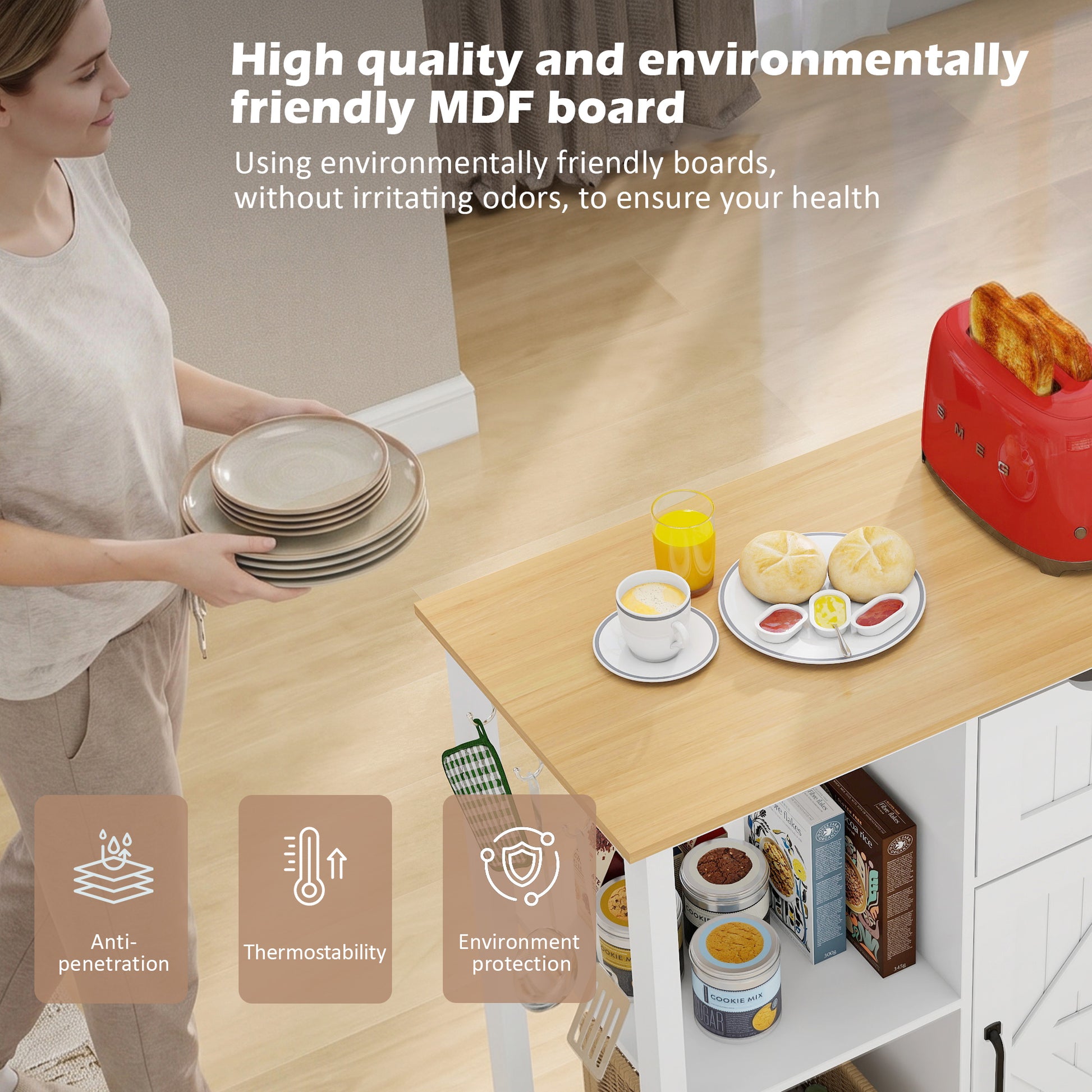 Kitchen Island Cart with Mobile Carts with Storage Cabinet, Rolling Kitchen Table with Spice Rack, Towel Rack, and Drawer, Portable Islands on Wheels, White image 7