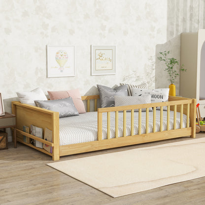 Twin size Floor Platform Bed with Built-in Book Rack,Natural(Old Sku:W504P143309) image 1