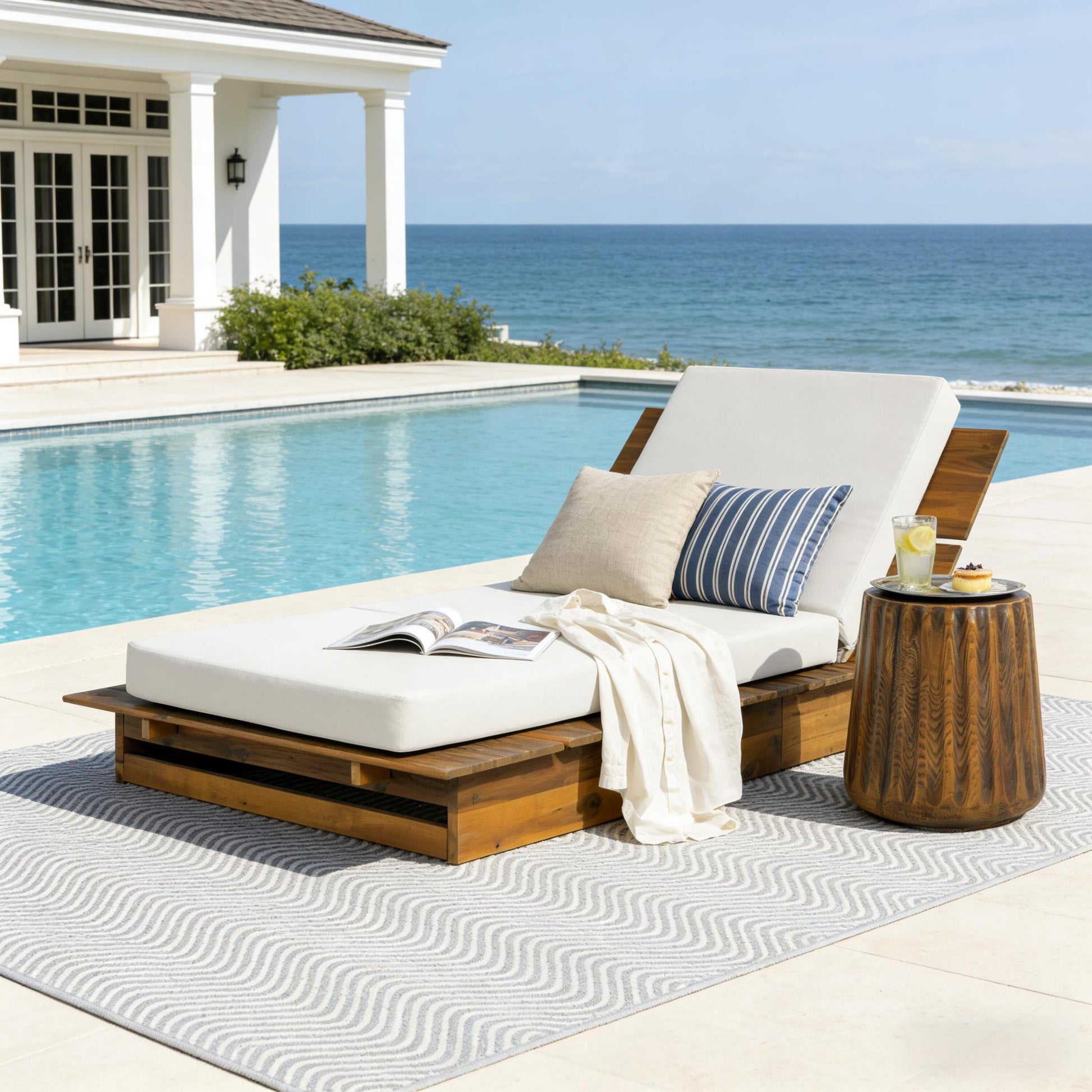 Acacia Wood Chaise Lounge with 4" Thick 3-Fold Cream Movable Cushion – Wide Teak Finish Patio Lounger, 3-Position Recliner, 400 lbs Capacity image 1